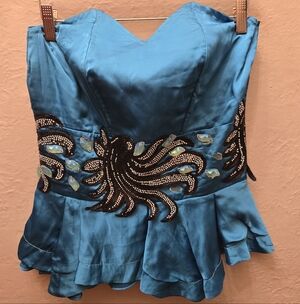 SPIGA Teal Satin Strapless Peplum Top – Beaded Statement Bustier